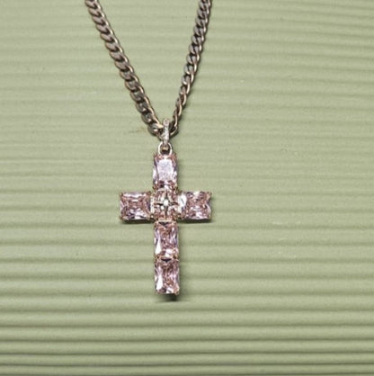 Serah Silver & Rose Gold-Plated Cross Necklace with Pink Austrian Crystals