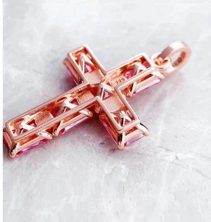 Serah Silver & Rose Gold-Plated Cross Necklace with Pink Austrian Crystals