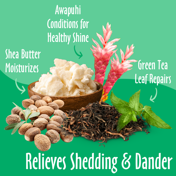 Relieves Shedding & Dander elements like Green Tea, Shea Butter, Awapuhi and their benefits.