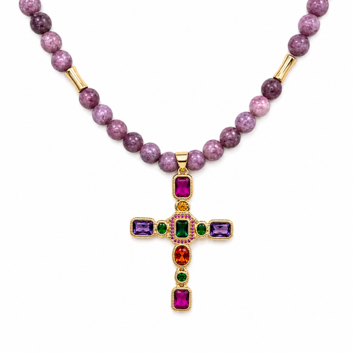 Silver Gold Plated Cross with Coloured Cubic Zirconia and 6mm Lepidolite necklace
