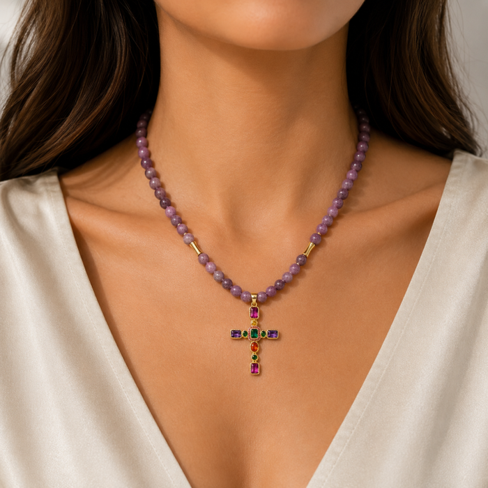 Silver Gold Plated Cross with Coloured Cubic Zirconia and 6mm Lepidolite necklace