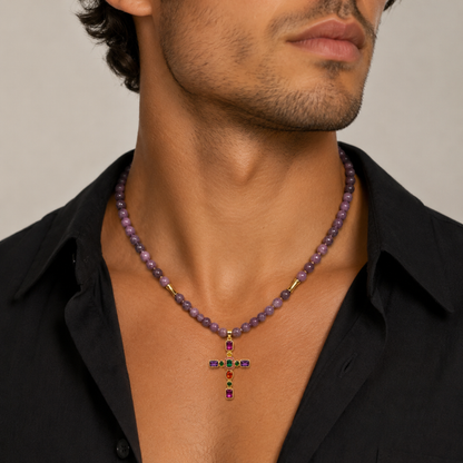 Silver Gold Plated Cross with Coloured Cubic Zirconia and 6mm Lepidolite necklace