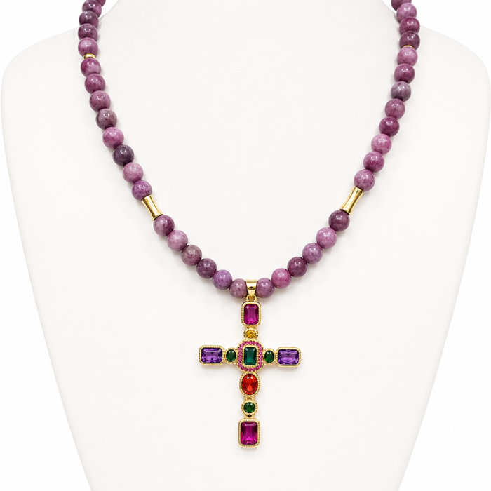 Silver Gold Plated Cross with Coloured Cubic Zirconia and 6mm Lepidolite necklace