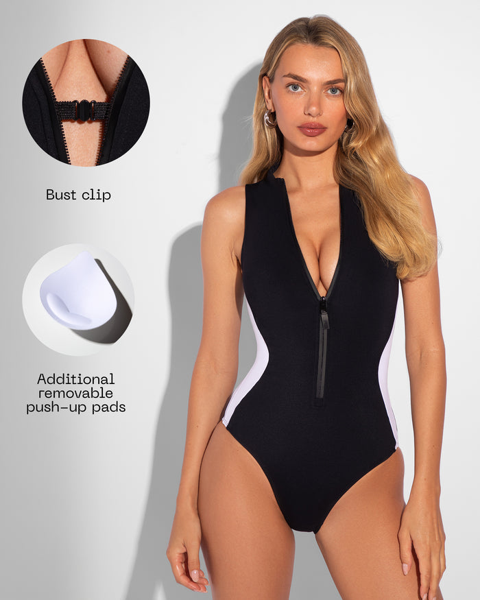 Detail graphic of Sleeveless Surfy - Contour Black/White highlighting bust clip