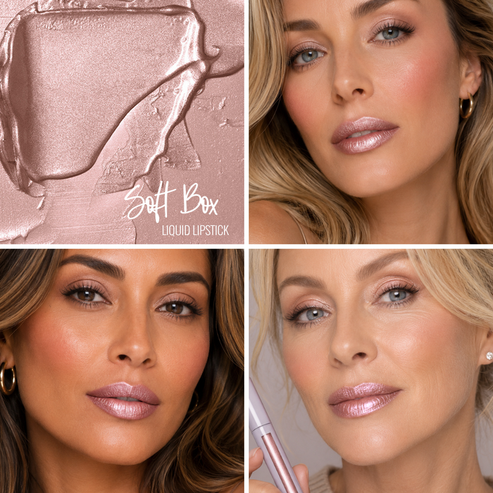 Collage of a liquid lipstick product by Runway Rogue in the shade 'Soft Box' demonstrated on 4 different models wearing the same shade.