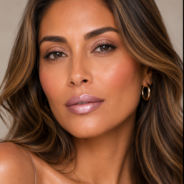 Close-up of a beautiful woman wearing Runway Rogue Long Wear Liquid Lipstick in the shade 'Soft Box' with a neutral background