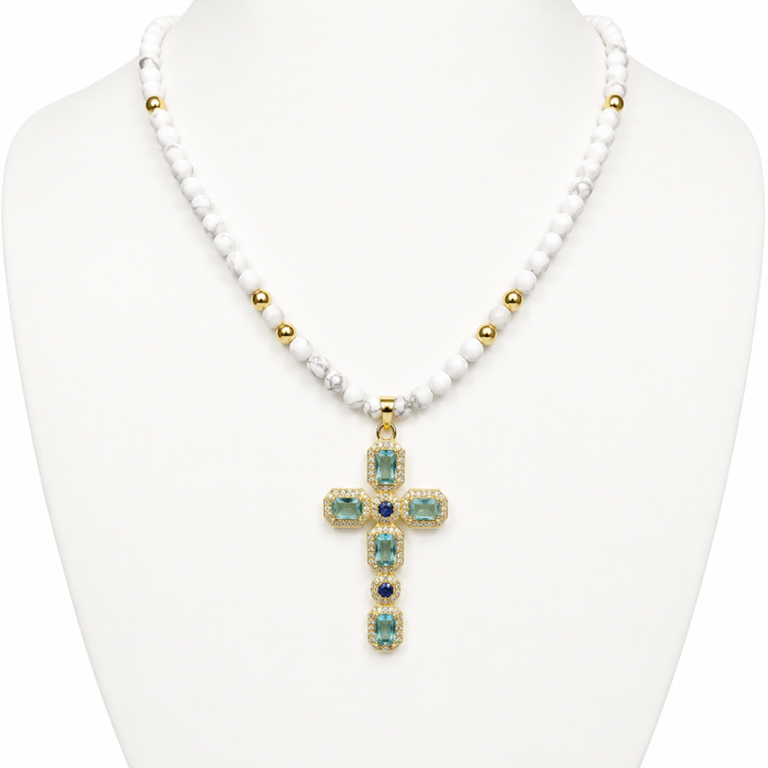 Solenne Silver Gold-Plated Cross with Aquamarine Crystals on Faceted Howlite Bead Necklace