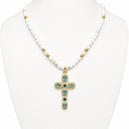 Solenne Silver Gold-Plated Cross with Aquamarine Crystals on Faceted Howlite Bead Necklace