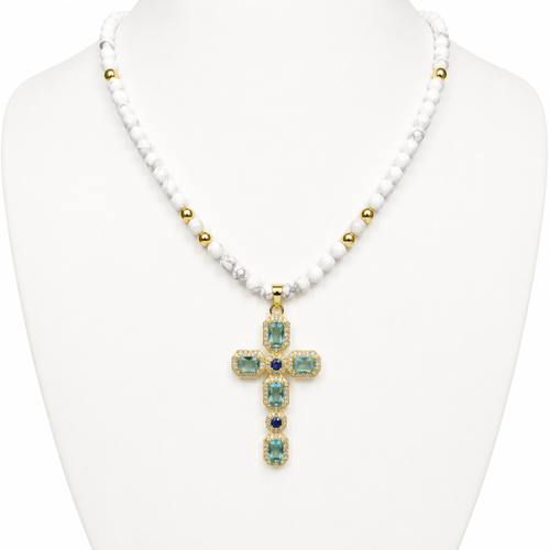 Solenne Silver Gold-Plated Cross with Aquamarine Crystals on Faceted Howlite Bead Necklace