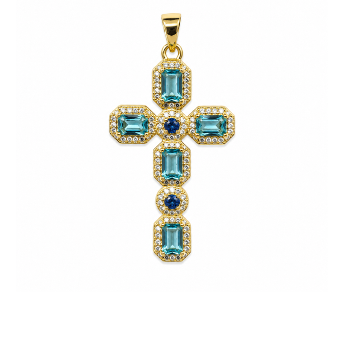 Solenne Silver Gold-Plated Cross with Aquamarine Crystals on Faceted Howlite Bead Necklace