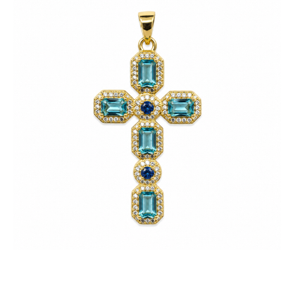 Solenne Silver Gold-Plated Cross with Aquamarine Crystals on Faceted Howlite Bead Necklace