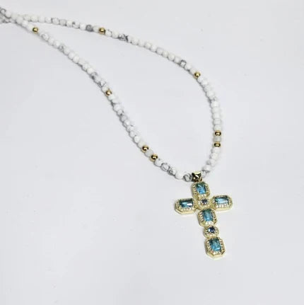 Solenne Silver Gold-Plated Cross with Aquamarine Crystals on Faceted Howlite Bead Necklace