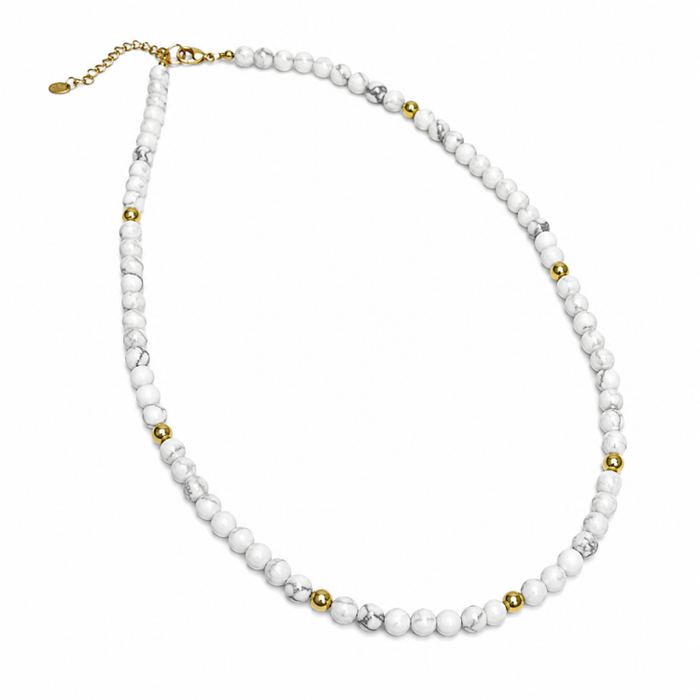Solenne Silver Gold-Plated Cross with Aquamarine Crystals on Faceted Howlite Bead Necklace