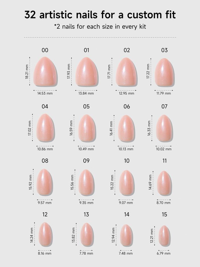 Chart showing 32 artistic nail sizes with measurements for a custom fit.
