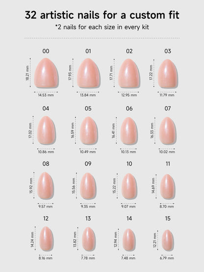 Chart showing 32 artistic nail sizes with measurements for a custom fit.