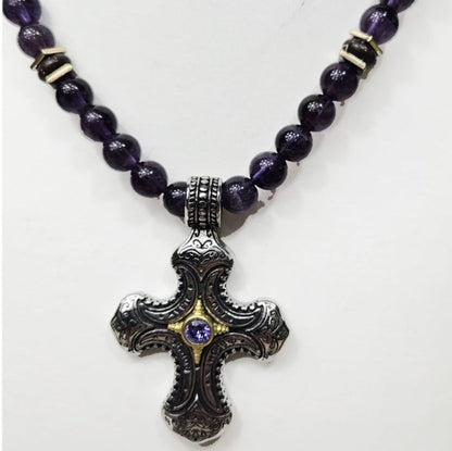 Stainless Steel Cross with Amethyst Crystal Strang on Amethyst Beaded Necklace