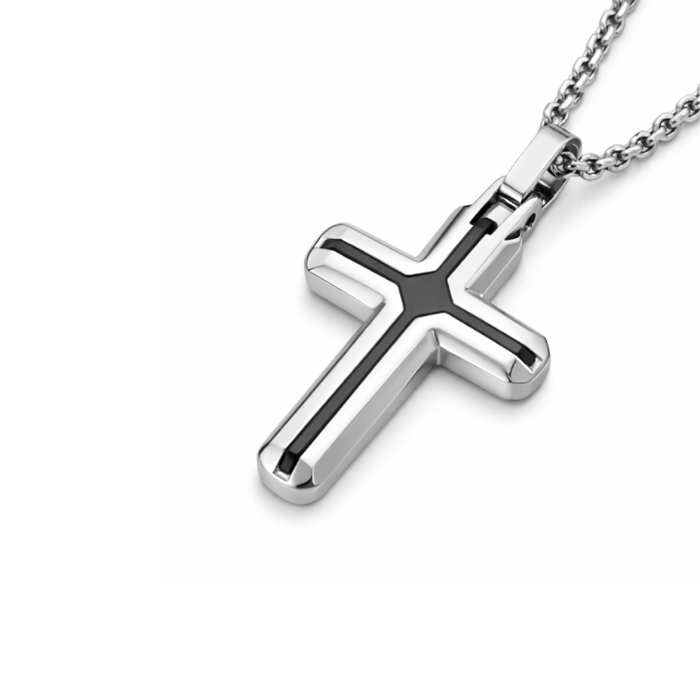 Stainless Steel Small Cross Pendant with Black Inlay
