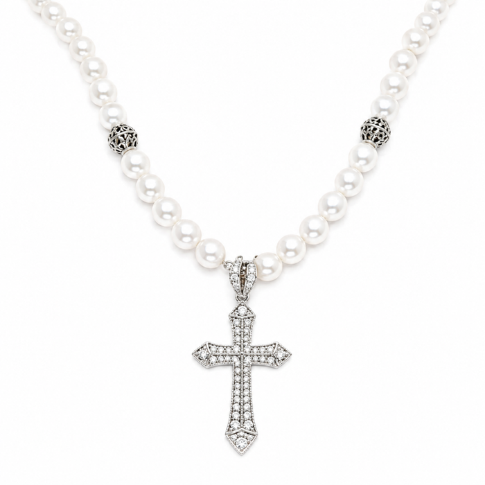 Sterling Silver Cross with Cubic Zirconia and Baroque Pearls Necklace