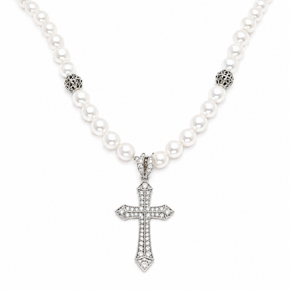 Sterling Silver Cross with Cubic Zirconia and Baroque Pearls Necklace