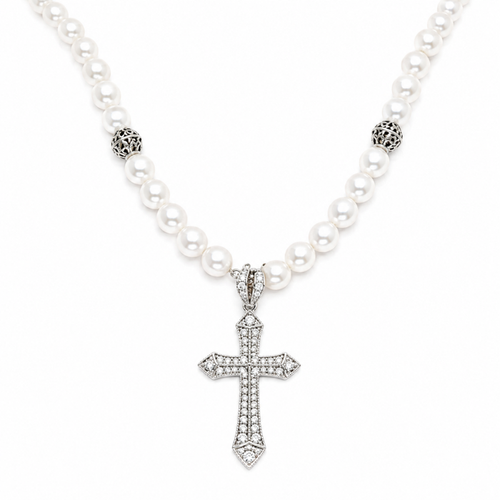 Sterling Silver Cross with Cubic Zirconia and Baroque Pearls Necklace