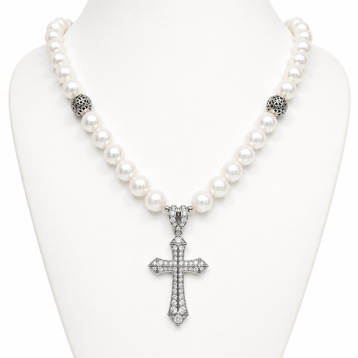 Sterling Silver Cross with Cubic Zirconia and Baroque Pearls Necklace