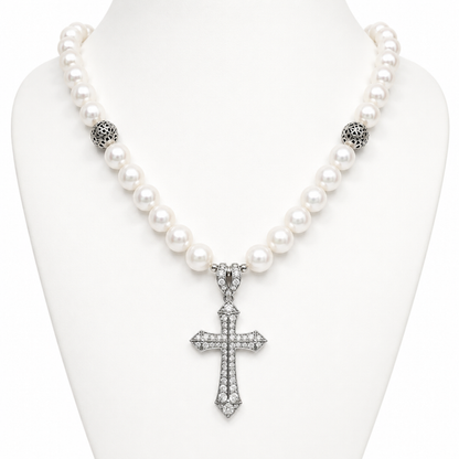 Sterling Silver Cross with Cubic Zirconia and Baroque Pearls Necklace