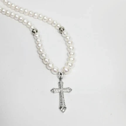 Sterling Silver Cross with Cubic Zirconia and Baroque Pearls Necklace