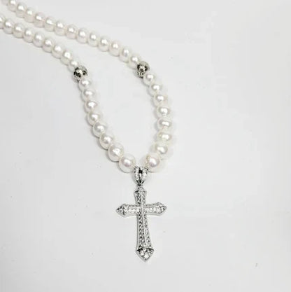 Sterling Silver Cross with Cubic Zirconia and Baroque Pearls Necklace