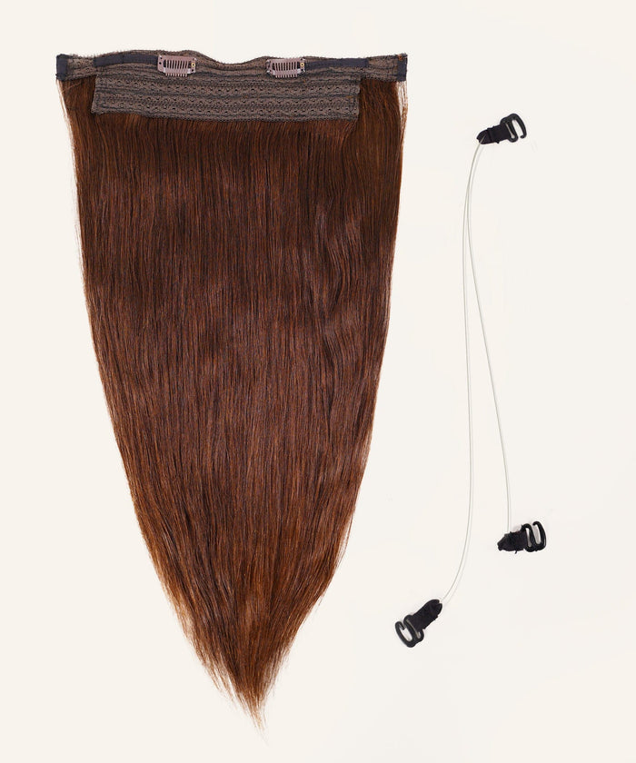 The Straight Perfect Crown Hair Extensions by Perfect Locks in Platinum Blonde  with two clips and clear adjustable headband wires featuring black hooks.#color_chocolate-brown-(3)