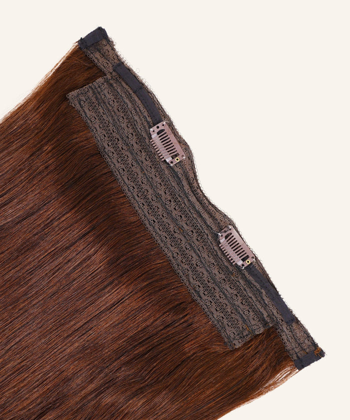 A close-up of Perfect Locks Straight Perfect Crown Hair Extensions in Dark Auburn , showing the fabric band with metal clips and straight hair strands.#color_chocolate-brown-(3)
