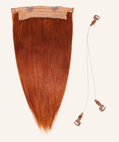 The Perfect Locks Straight Perfect Crown Hair Extensions in Warm Mocha Lowlights with lace and clips, beside two clear straps.#color_dark-auburn-(33)