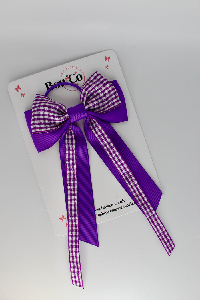 Streamer Tail School Hair Bow - Purple Gingham - Elastic