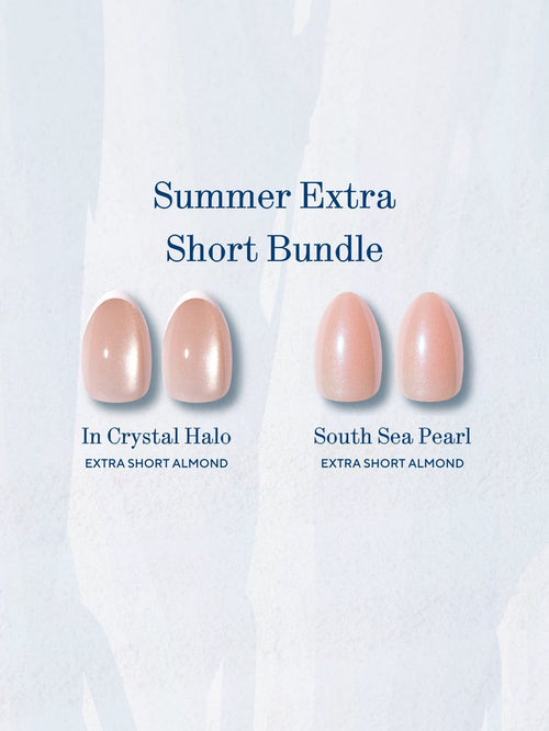 Press-on nails labeled In Crystal Halo Extra Short Almond and South Sea Pearl Extra Short Almond on pale blue background