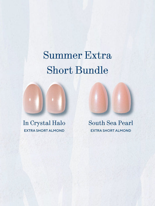 Press-on nails labeled In Crystal Halo Extra Short Almond and South Sea Pearl Extra Short Almond on pale blue background