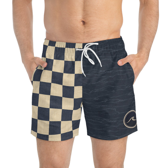 Surfache Club Checkerboard Split Swim Trunks — Retro Surf Logo Swim Shorts