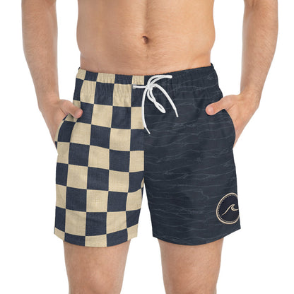 Surfache Club Checkerboard Split Swim Trunks — Retro Surf Logo Swim Shorts