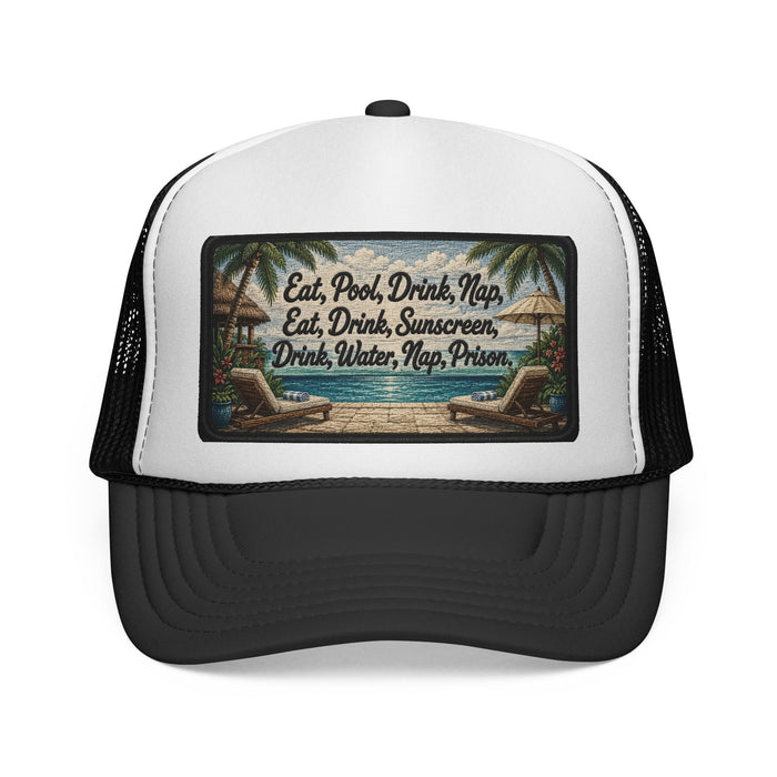 Surfache Trucker Cap — "Eat, Pool, Drink, Nap" Tropical Vacation Mesh Hat