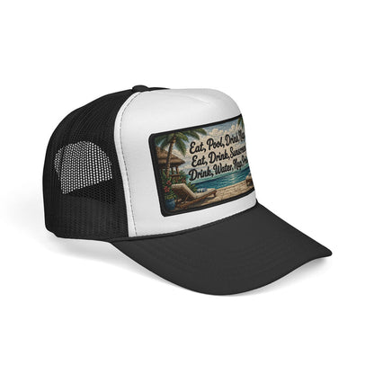 Surfache Trucker Cap — "Eat, Pool, Drink, Nap" Tropical Vacation Mesh Hat