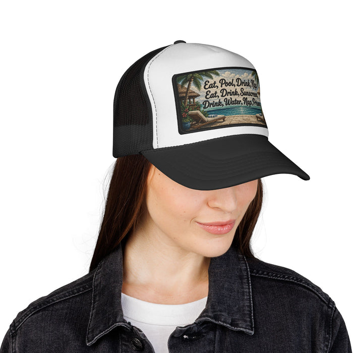 Surfache Trucker Cap — "Eat, Pool, Drink, Nap" Tropical Vacation Mesh Hat