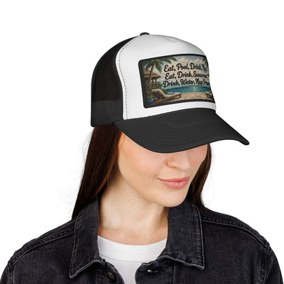 Surfache Trucker Cap — "Eat, Pool, Drink, Nap" Tropical Vacation Mesh Hat
