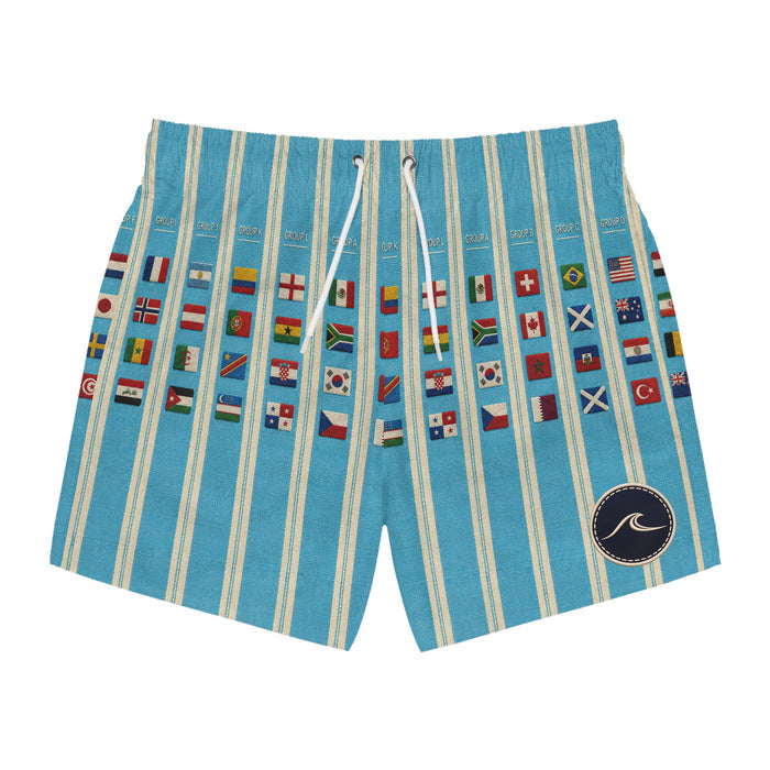 Surfache World Cup Groups 2026- Flags Swim Trunks — Retro Striped Vacation Boardshorts