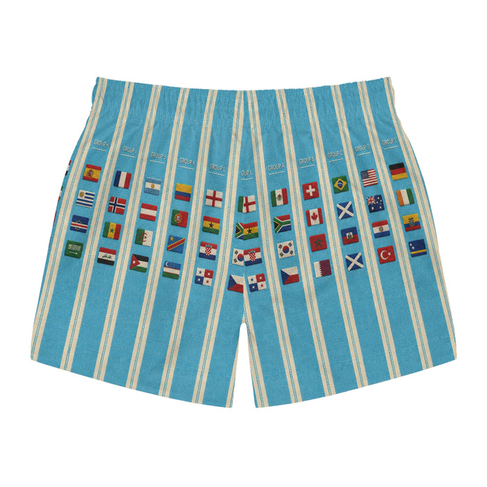 Surfache World Cup Groups 2026- Flags Swim Trunks — Retro Striped Vacation Boardshorts