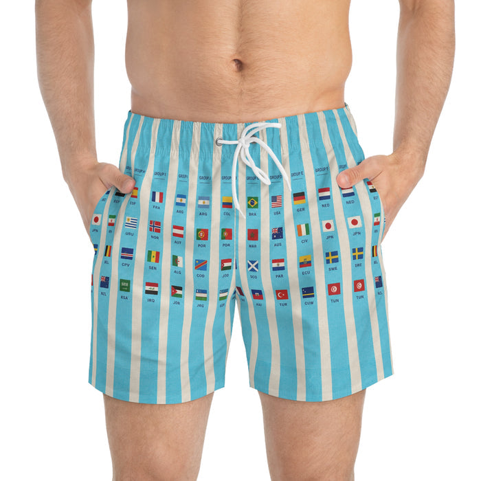Surfache World Cup Groups 2026- Flags Swim Trunks — Retro Striped Vacation Boardshorts