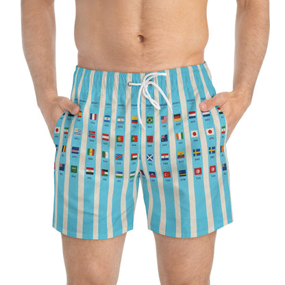 Surfache World Cup Groups 2026- Flags Swim Trunks — Retro Striped Vacation Boardshorts