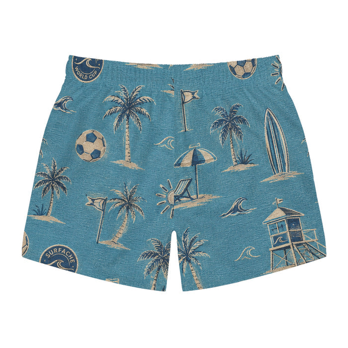 Surfache World Cup Men's Tropical Beach Print Swim Trunks — Palm Trees, Surf & Lifeguard Pattern