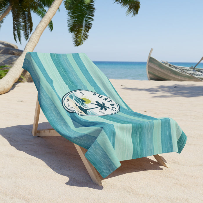 Surfside Stripes Beach Towel — 'Surface' Palm Sunset Logo