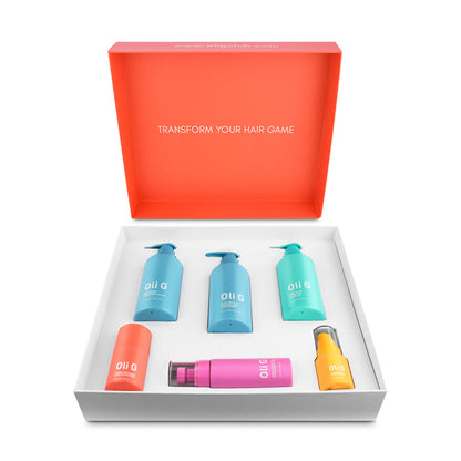 System Intro Kit — six full-size Oli G products with free salon cape, hero shot