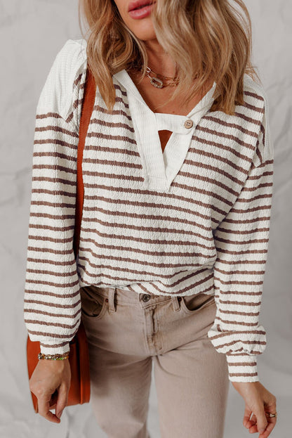 Textured Stripe V Neck Button Front Knit Top