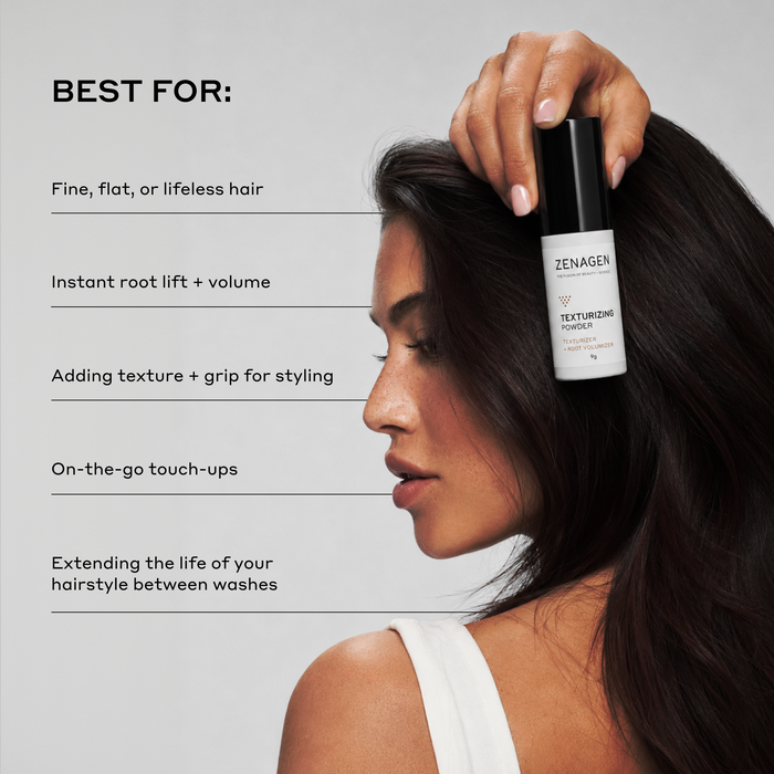 Zenagen Texturizing Powder product benefits infographic featuring a woman in profile holding the product bottle near her hair, detailing that it is best for fine, flat, or lifeless hair, providing instant root lift and volume, adding texture and grip for styling, on-the-go touch-ups, and extending the life of a hairstyle between washes.