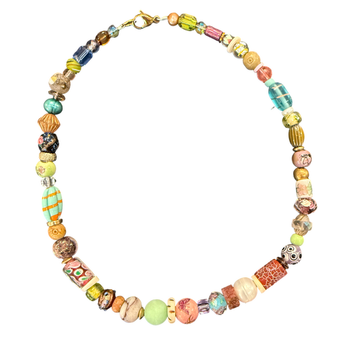 Colorful beaded necklace on a white background